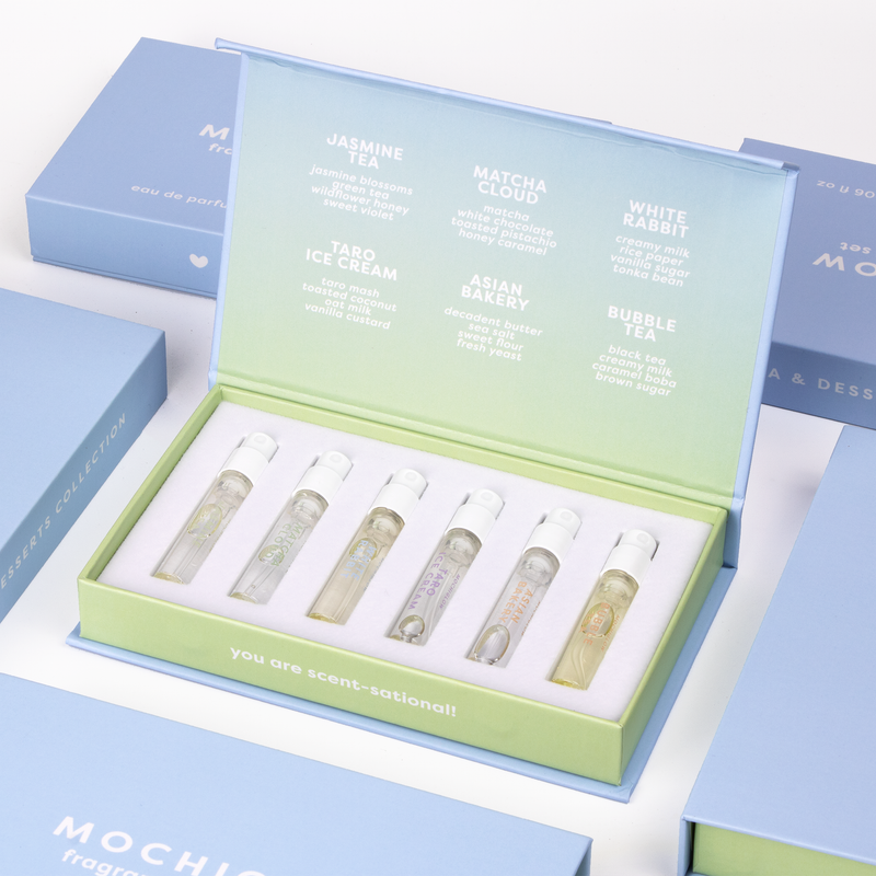 Mochiglow Perfume Sample Cute Blue Discovery Set Bundle with scents of Watermelon Soju, Strawberry Mochi, Lychee Jelly, Mango Sticky Rice, Peach Yogurt, Yuzu Passionfruit Guava, Jasmine Green Tea, Matcha Latte Cloud, White Rabbit Candy Vanilla Milk, Taro Ice Cream, Asian Bakery, Bubble Tea Brown Sugar Boba