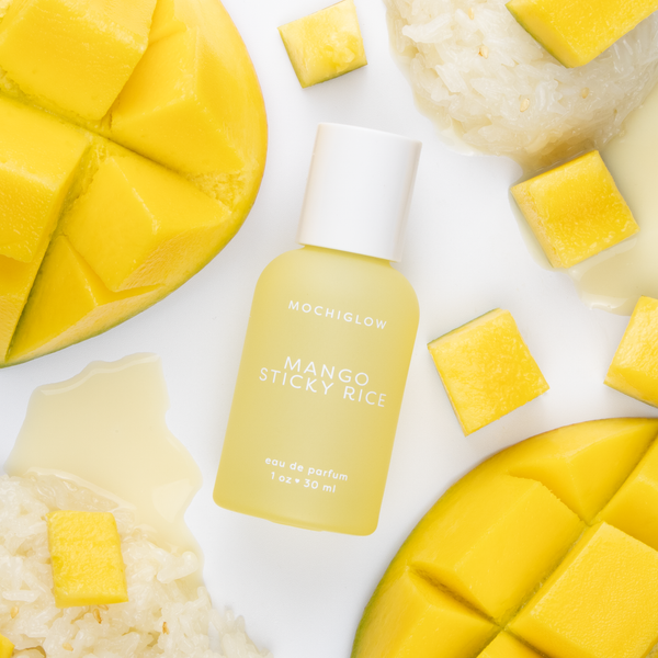 Mango Sticky Rice Asian Dessert Perfume by Mochiglow. Smells like juicy mango, thai sticky rice, coconut, and condensed milk. In a cute yellow pastel perfume bottle.