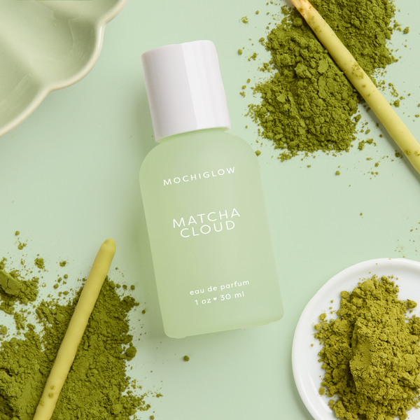 Matcha Perfume by Mochiglow. Smell like matcha latte, matcha cloud, matcha pocky, matcha soft serve. Cute green pastel perfume bottle. 