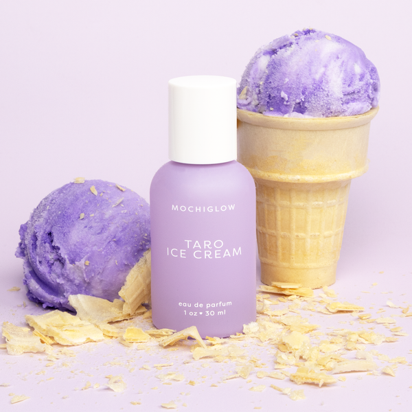 Taro Ice Cream perfume by Mochiglow. Scents inspired by Asian desserts. Smells like taro bubble tea with toasted coconut and oat milk. Bottled in a cute lavender glass perfume bottle.