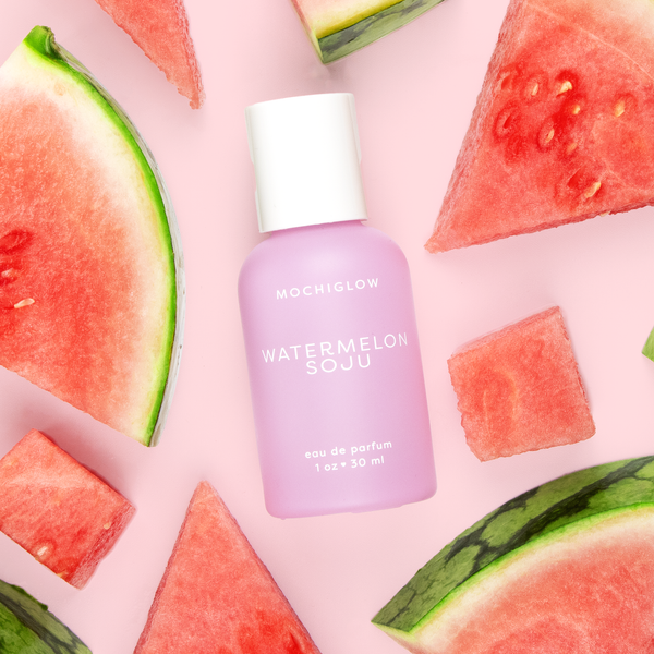 Watermelon Soju Perfume. Mochiglow Asian dessert and drink scent collection. Smells like watermelon, soju, and sparkling citrus. Bottled in a cute pastel pink glass perfume bottle with white lid. 