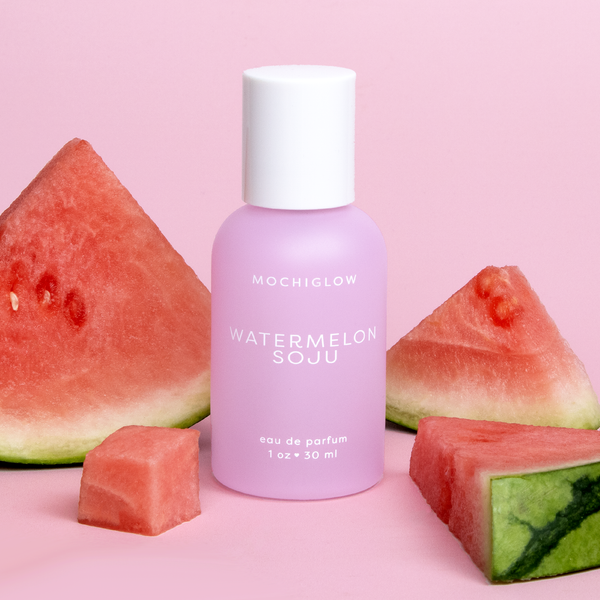 Watermelon Soju Perfume. Mochiglow Asian dessert and drink scent collection. Smells like watermelon, soju, and sparkling citrus. Bottled in a cute pastel pink glass perfume bottle with white lid. 