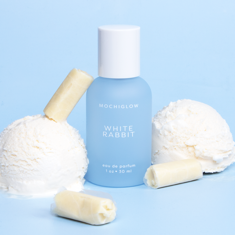 White Rabbit Candy Perfume. An Asian Dessert inspired scent collection by Mochiglow. Smells like vanilla, milk, cream, rice paper. Bottled in a cute pastel blue glass bottle with white lid.