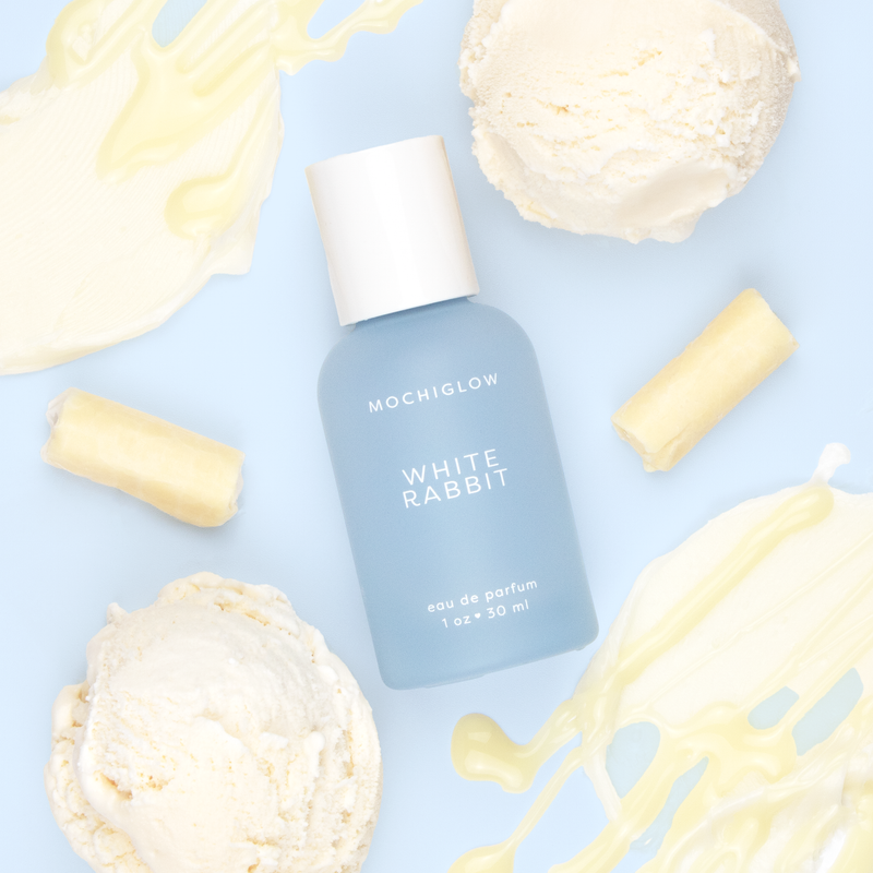 White Rabbit Candy Perfume. An Asian Dessert inspired scent collection by Mochiglow. Smells like vanilla, milk, cream, rice paper. Bottled in a cute pastel blue glass bottle with white lid.