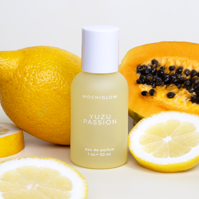 A tropical perfume inspired by Yuzu, passion fruit, pink guava sorbet, green papaya, dragonfruit, and vetiver. An Asian dessert and drink inspired collection by Mochiglow. Bottled in a cute pastel yellow glass bottle with white lid. 